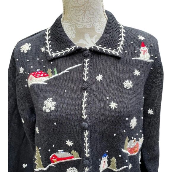 Vintage Erika Cardigan Sweater Petite Large Snowy Village Xmas Winter Holiday - Picture 4 of 16